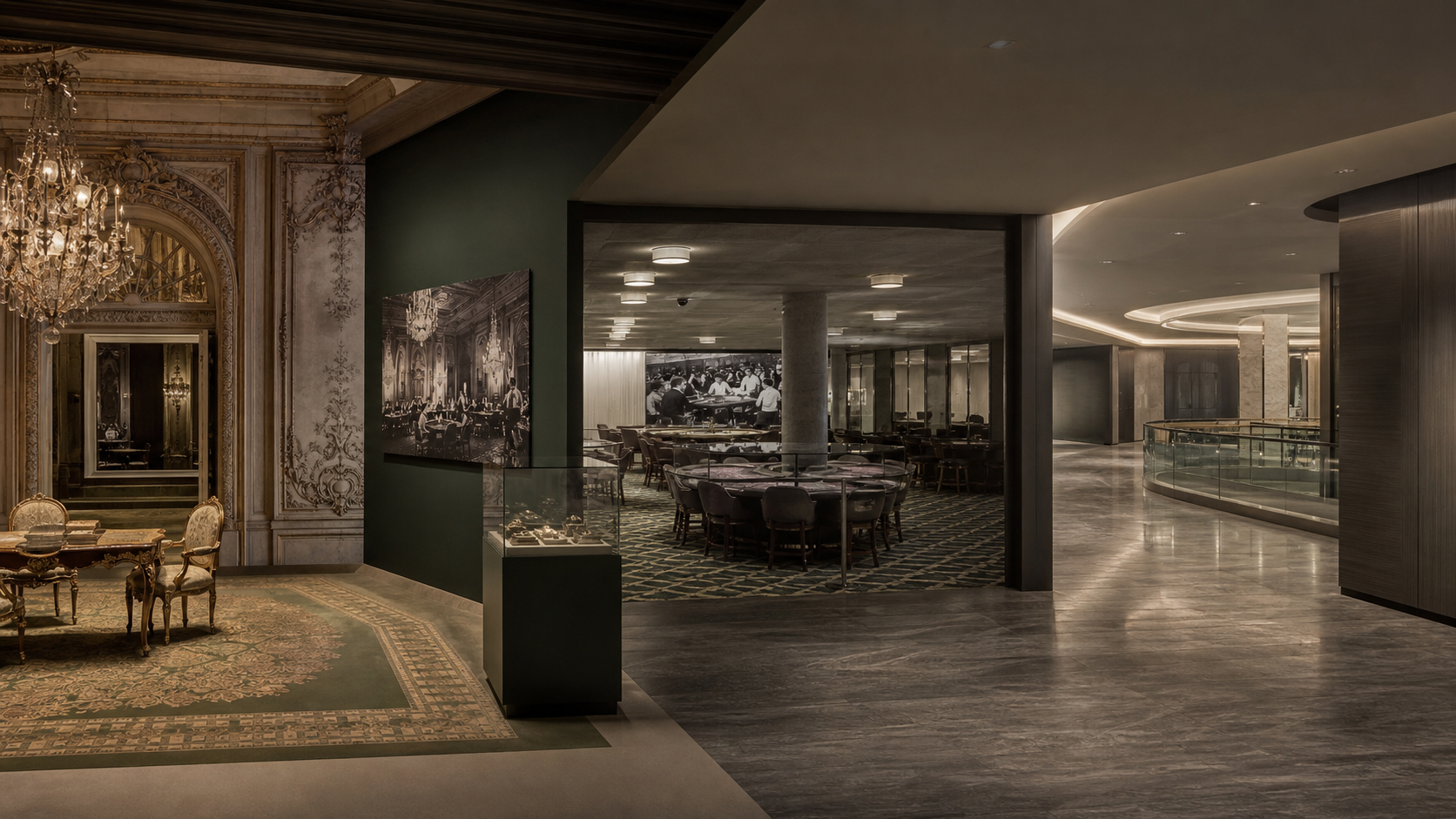 Modern architectural exhibition comparing casino interiors across three historical periods