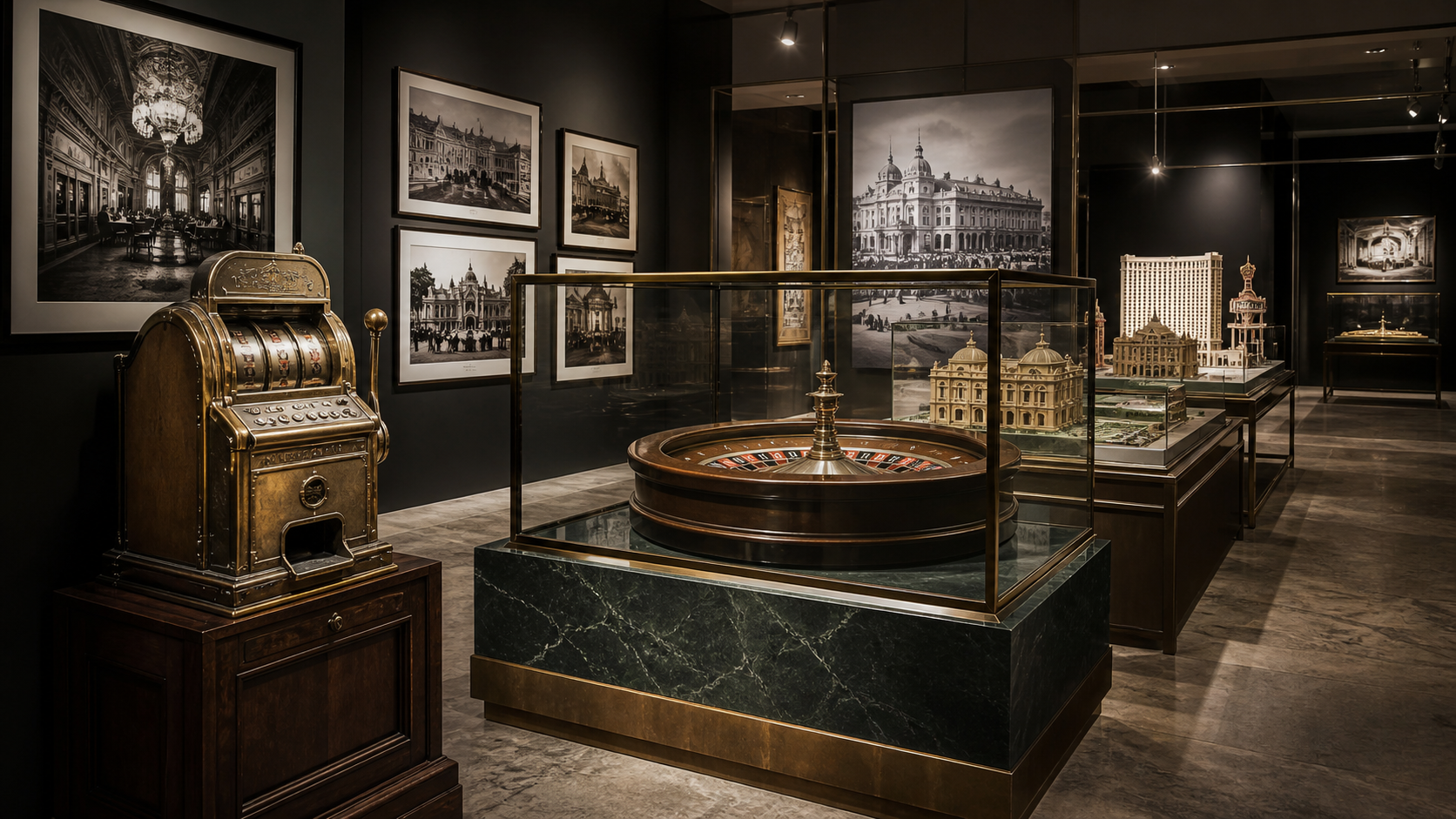 Contemporary museum exhibition presenting historic casino machines, roulette equipment, architecture and archival photography