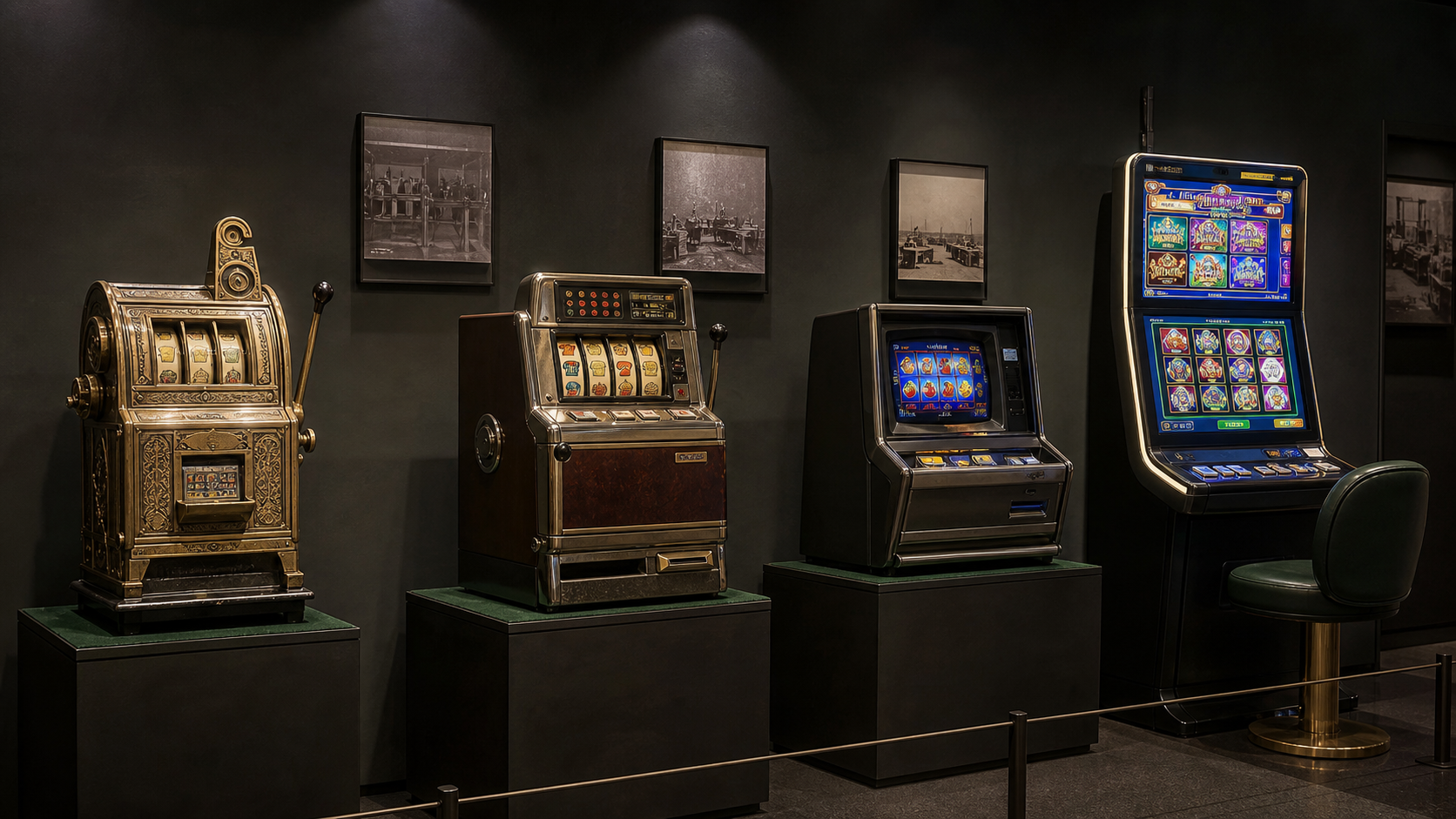 Modern museum display tracing mechanical, electromechanical, video and digital slot machines