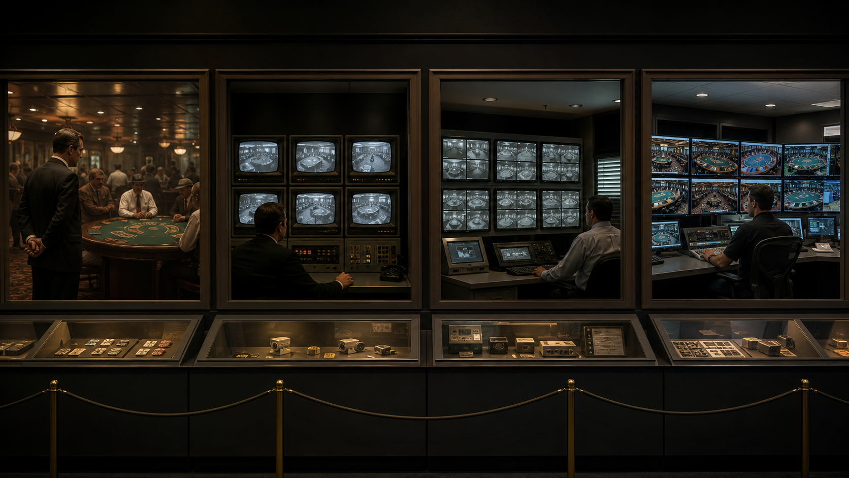 Modern museum exhibition tracing casino supervision from the pit to digital surveillance rooms