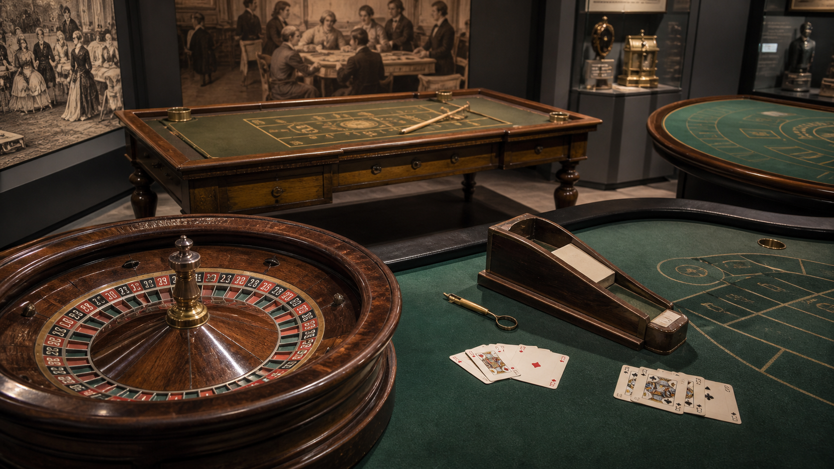 Modern museum display of roulette, baccarat and blackjack equipment across historical periods